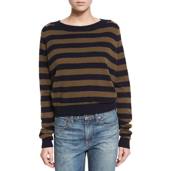 Vince Regiment Stripe Sweater Women's XS Navy Brown 100% Cashmere Crew Knit - Picture 1 of 8